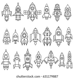 Space ship, rocket set hand drawn isolated on white background. Black lines