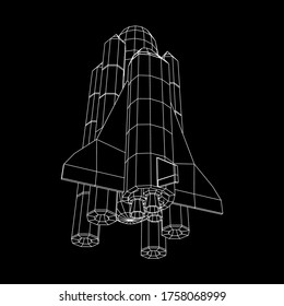 Space ship shuttle. Wireframe low poly mesh vector illustration.