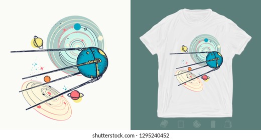 Space ship sputnik in univrse. Print for t-shirts and another, trendy apparel design. Symbol of space expedition, science, future, research of solar system. Universe art 