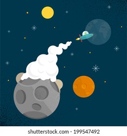 Space Ship Starting Up. Mars, Sun and Earth