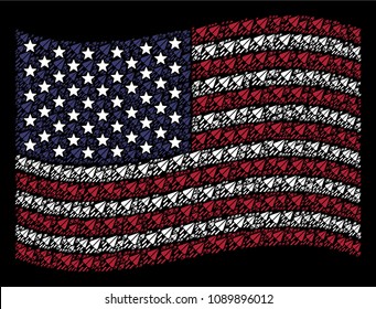 Space ship symbols are grouped into waving USA flag abstraction on a dark background. Vector concept of USA state flag is formed from space ship items. Designed for political and patriotic promotion.