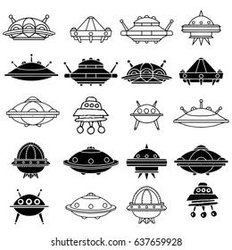 Space ship, ufo icons set hand drawn isolated on white background. Black silhouettes, lines