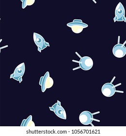 Space ship, ufo, rocket and satellite in night cosmos seamless pattern background. Flying saucer,cosmic rocket and satellite view in cosmos space pattern background