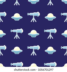 Space ship, ufo, rocket and telescope seamless pattern background. Flying saucer and astronomical telescope on blue background