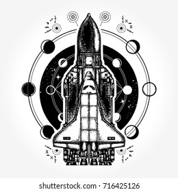 Space ship and universe tattoo art. Symbol of flight to new galaxies. Shuttle taking off on mission t-shirt design 