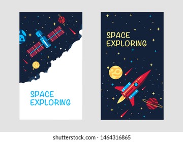 The space ship in the space vector flat design illustration. Good concept for greeting cards. Spaceship in the space between planets.  