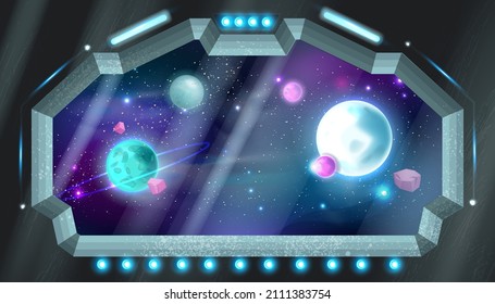 Space ship window inside view, vector spaceship future station background, alien planets, shiny stars. Futuristic universe galaxy neon wallpaper, game sci-fi illustration. Rocket porthole, space ship