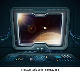 Space Ship Window With Space Planets And Stars Cartoon Vector Illustration 