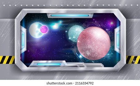 Space Ship Window View, Futuristic Vector Frame, Spacecraft Rocket Porthole, Alien Planets, Stars. Game Sci-fi Background, Metal Cabin Banner, Universe Galaxy Illustration. Space Station Window