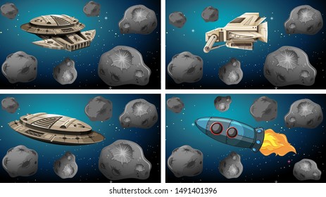 Space ships asteroid scenes illustration