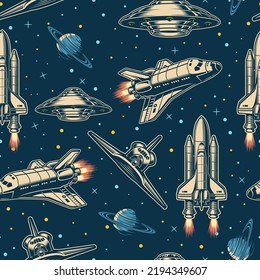 Space ships colorful vintage pattern seamless galaxy with UFOs roaming universe and futuristic spacecraft travel among stars vector illustration