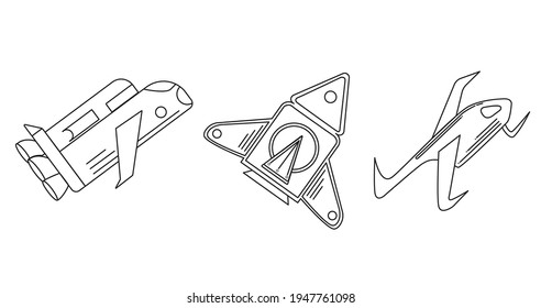 space ships of different types as vector icons.three space vehicles creative concept sketches that can be used as icons or representation.rockets and alien spacecraft illustration .