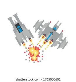 space ships fighting 8 bits pixelated icon vector illustration design
