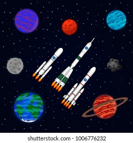 Space ships fly in interstellar space. Space ships, planets, meteorites, planet Earth. Vector illustration on a theme space