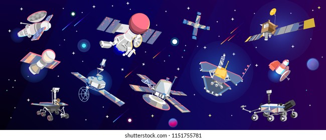 Space ships of Mars and Venus in the starry space. Vector illustration of a space set.