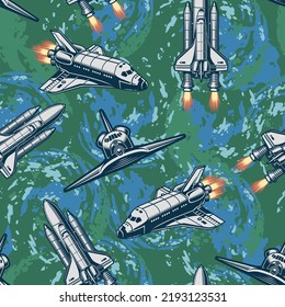 Space ships pattern seamless colorful vintage flying over blue-green planet earth with alien invaders or tourists from galaxy vector illustration