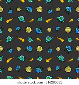 Space Ships Planets and Stars Seamless Pattern. UFO Vector background