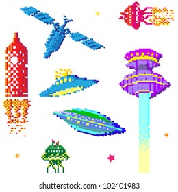 space ships and satellite collection, pixel art style elements isolated on white