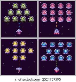 Space shooter game in retro pixel style features a spaceship battling different colored alien invasions in four quadrants. Ideal for video game enthusiasts, space themes, retro gaming, arcade