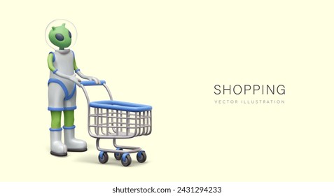 Space shopping. Alien in space suit is holding empty shopping cart