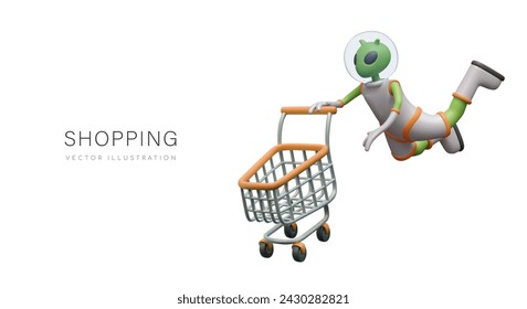 Space shopping. Green alien in spacesuit floats in weightlessness along with empty shopping cart