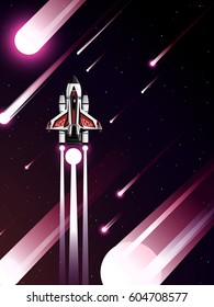 space shuttle across group of lighting meteor in universe background
