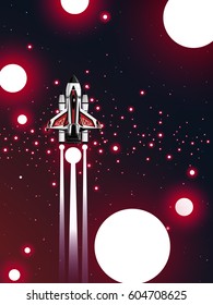 space shuttle across group of red star in universe background