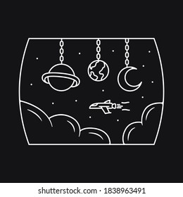 Space shuttle adventure illustration. Spaceship adventure line art with white outline color. Illustration design for apparel products, mugs and wall posters