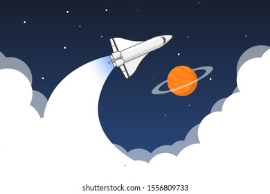 Space shuttle after start with stars and planet as a background in flat style. Vector illustration
