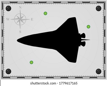 Space Shuttle. Airplane on a map background with radar elements. Aircraft. Wind rose. Vector illustration.