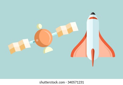 Space shuttle and astronomy web page. Spaceship and space shuttle launch, astronaut and rocket, space station, astrology and star, telescope and galaxy, constellation and science illustration