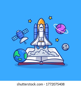 Space Shuttle With Book, Satellite And Planets Cartoon Vector Icon Illustration. Education Space Icon Concept Isolated Premium Vector. Flat Cartoon Style