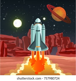 The space shuttle carrier takes off from a strange planet. Start in the background of a planet with rings. Jupiter, Saturn, Uranus, Neptune. Colonization. The conquest of the cosmos. Space travel