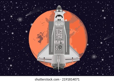 Space shuttle close to the Mars planet of solar system. Vector illustration. Elements of this image were furnished by NASA.