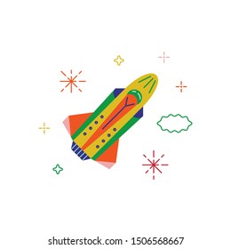 Space shuttle. Colorful flat cosmic illustration in vector. Universe exploration aircraft. Design element for banner, flyer, web, app.