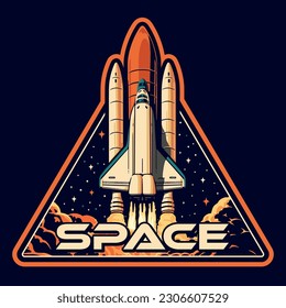 Space shuttle colorful vintage emblem with intergalactic rocket taking off with scientific research goal of studying milky way vector illustration