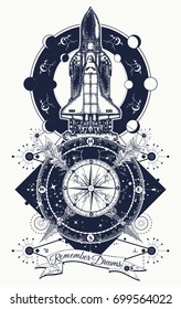 Space shuttle, compass and crossed arrows tattoo art. Symbol of flight to new galaxies, tourism, adventure, travel 