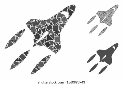 Space shuttle composition of bumpy elements in variable sizes and color tinges, based on space shuttle icon. Vector irregular items are united into collage.