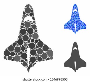Space shuttle composition of filled circles in variable sizes and color tones, based on space shuttle icon. Vector filled circles are combined into blue collage.