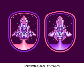 Space shuttle concept badge design. Ship launch astronaut mission badge. Spaceship emblem