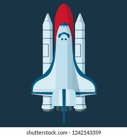 Space shuttle, cosmic rocket, spaceship vector illustration in flat design on isolated background.Technology multipurpose aerospace system, science and startup business.Missile launch. Astronautics