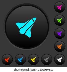 Space shuttle dark push buttons with vivid color icons on dark grey background