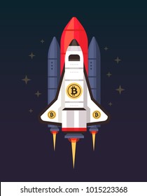 Space shuttle detailed flat design vector illustration. Bitcoin boost sales concept. Crypto currency start up. 