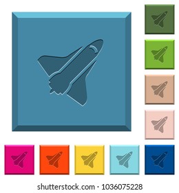 Space shuttle engraved icons on edged square buttons in various trendy colors