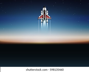 space shuttle with flare flying in sky