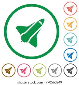 Space shuttle flat color icons in round outlines on white background