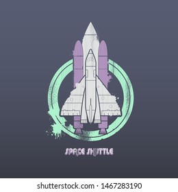 
Space shuttle. Flight into space. Vintage printing. Logo.