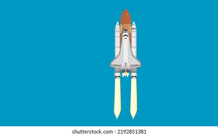 Space shuttle flight isolated on cyan blue background. Vector illustration.