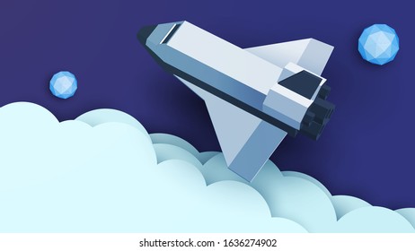 Space shuttle fly in cosmos above clouds with planet. Science concept inspiration. Paper art cartoon 3d realistic trendy craft style. Modern origami design template. Funny cute vector illustration.