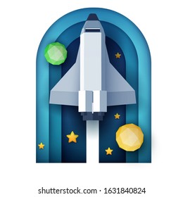Space shuttle fly up in cosmos with planet and stars. Science concept inspiration. Paper art cartoon 3d realistic trendy craft style. Modern origami design template. Funny cute vector illustration.